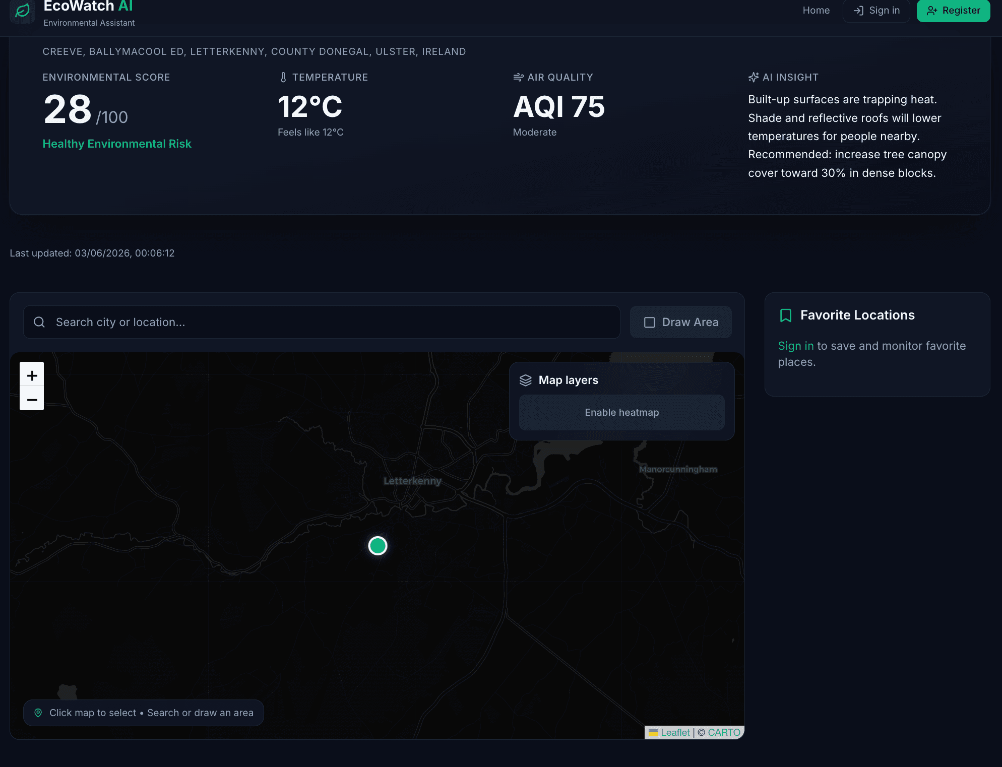 EcoWatch AI dashboard showing environmental score, AQI, map, and AI recommendations